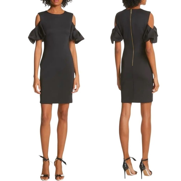 TED BAKER LONDON SALNIE BLACK COLD SHOULDER RUFFLE SHEATH COCKTAIL DRESS - Picture 1 of 16